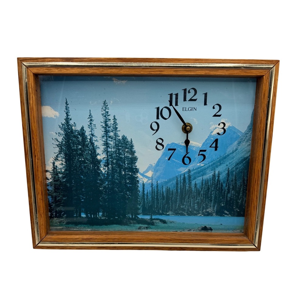 Vintage Elgin Wall Clock Mountain Cabincore Landscape Nature Wood 12.5x10.5 Rare